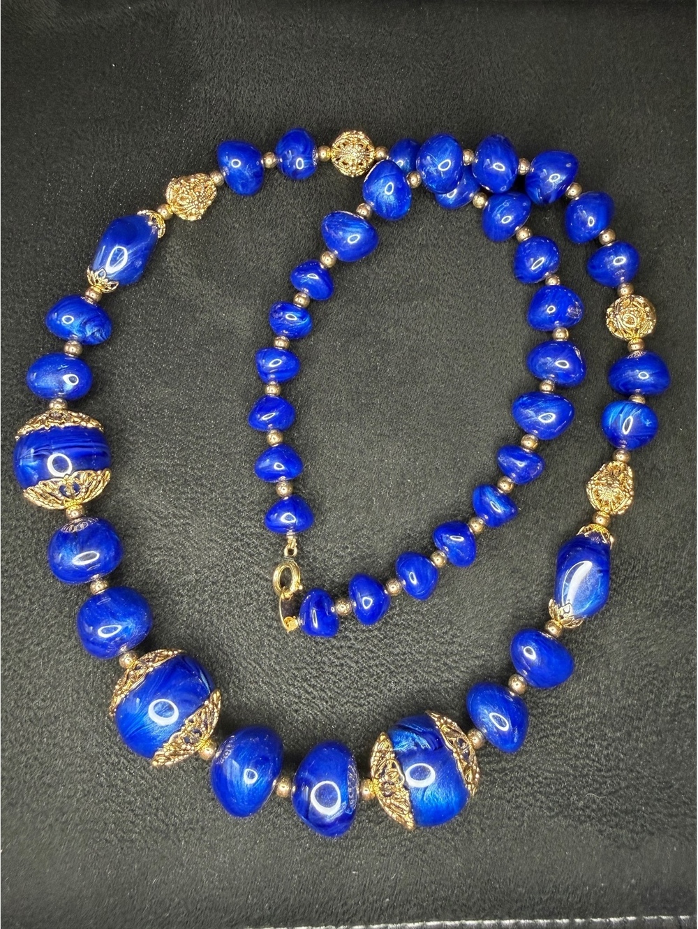 Vintage Art Deco Cobalt Blue Glass Bead Necklace Ornate Gold Filigree Caps